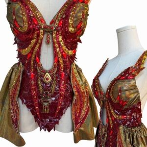Vibrant Red and Gold Dragon Phoenix Fairy Women's Embellished bodysuit Costume